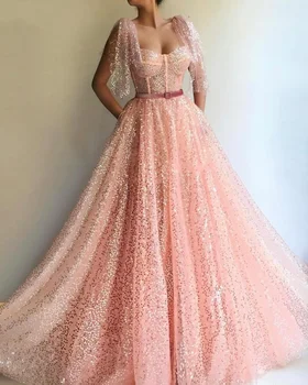 Abendkleider Egy-Line Sequin Édes Rózsaszín Muszlim Formális Ruha 2022 Rövid Ujjú Dubai Báli Ruha Hosszú Estélyi Ruha