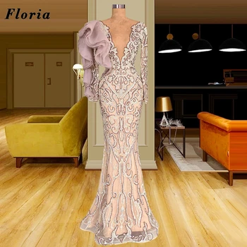Floria Rózsaszín Beadeds Estélyi Ruhák Női Hosszú Ujjú Arab Fél Ruhák Dubai Hableány Prom Ruha A Plus Size 2022 Vestidos