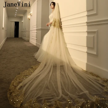 JaneVini Luxus 3 M Csipke Fény Pezsgő Esküvői Hát a Comb Csillogó Flitterekkel Két Réteg Appliqués él Hosszú Menyasszonyi Kiegészítők